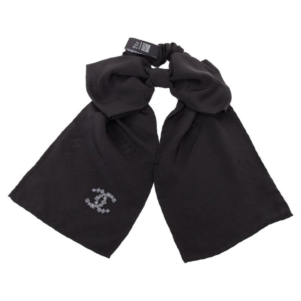 Chanel Black Silk Bow Floral Hair Tie Scrunchie